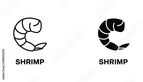 Fresh shrimp seafood icon for culinary and restaurant menu design in both simple line art and solid black vector format for food industry branding and digital seafood market applications