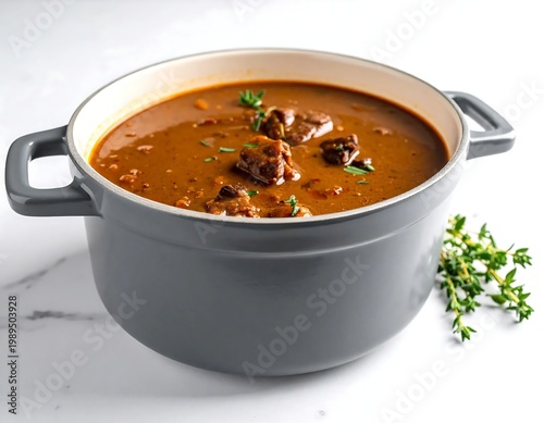 Beef Stew In Professional Food Photography Style With Grey And White Tones Tender Meat Chunks In Gravy Served In A Dutch Oven On A Marble Surface