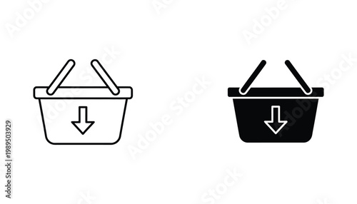 Shopping basket with downward arrow indicating download or add to cart action in both outline and solid black vector style for e-commerce website interface and digital retail store navigation