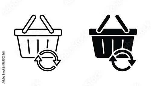 Shopping basket with refresh recycle arrow symbol for e-commerce inventory management in both outline and solid black vector formats for retail logistics and mobile application user interfaces