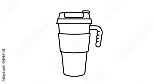 Simple line art drawing of a reusable travel coffee mug with a secure lid and a comfortable handle isolated on a plain white background.