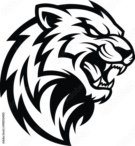 A fierce black and white tiger head with an intense, aggressive expression.