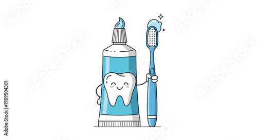 Friendly cartoon tube of toothpaste featuring a happy tooth character holding a toothbrush with paste isolated on a white background.