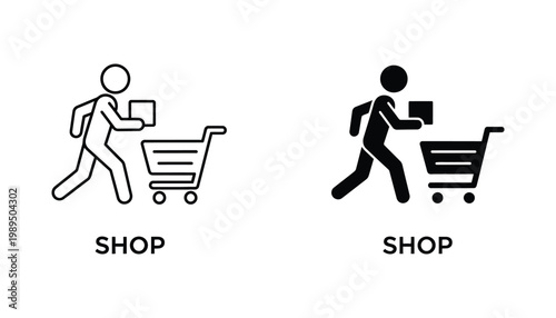 Person running with shopping bag icon representing retail commerce and consumer activity in both linear and glyph vector formats for business marketing and e-commerce website interface development