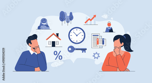 Man and woman considering important life decisions with icons representing finance and housing in a modern flat design illustration.