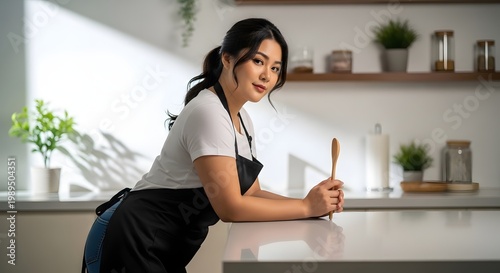 Woman in kitchen with apron leaning on counter holding wooden spoon
