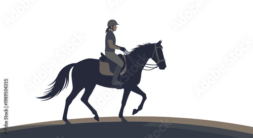 Silhouette of a person riding a horse on a hill against a white background with a simple graphic style.