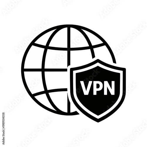 VPN security shield with globe icon. Vector illustration of virtual private network for global data protection, internet privacy, and secure web browsing.