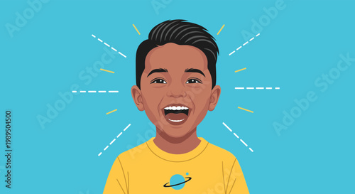 Portrait of a young boy laughing with pure joy and excitement featuring a bright yellow shirt and a blue background with radiating lines.