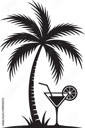 Monochromatic palm tree and cocktail silhouette illustration
