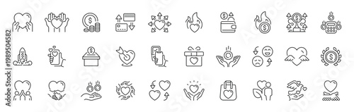 Charity and donation outline icons set. editable stroke thin line style icons for fundraising, giving, support