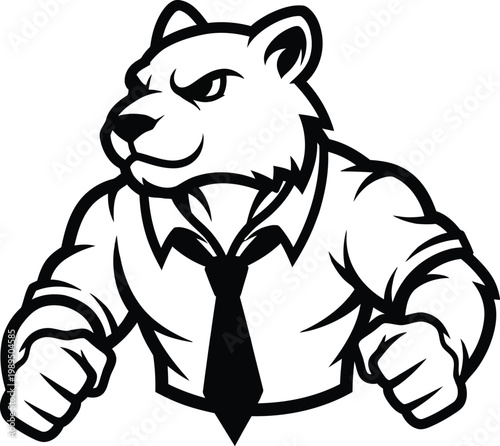 A strong muscular bear mascot wearing a business shirt and tie, clenching fists.