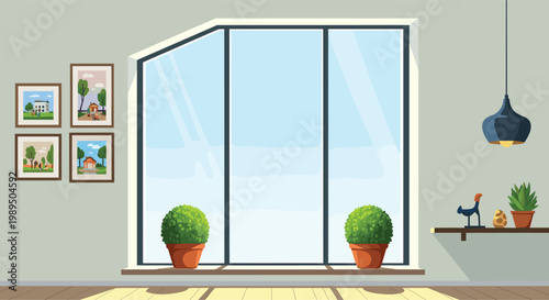 Modern living room interior features large bay windows with garden views and indoor potted plants on a sunny afternoon.