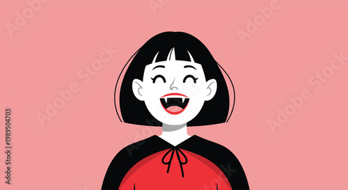 Cute cartoon vampire girl with short black hair and sharp fangs laughs happily against a solid soft pink background frame.