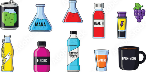 Magic Fantasy Potion Bottle Vector Icon Set Featuring Health Elixir, Mana Nectar, Energy Brew, Stamina, Night-Vision, and Speed Flasks