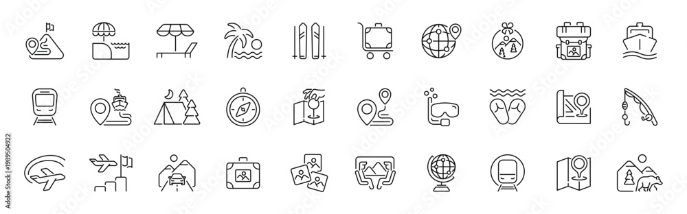 Fototapeta premium Travel and vacation outline icons set: editable stroke linear thin line icons for journey and adventure themes