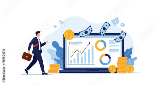 Successful businessman with a briefcase walks towards a giant laptop showing financial growth charts and flying currency.