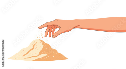 Close up of a human hand reaching down to touch or sift through a small pile of golden sand on a clean white background.