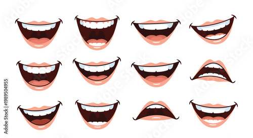 Set of twelve diverse cartoon mouth illustrations showing various expressions of laughter joy and excitement with teeth.