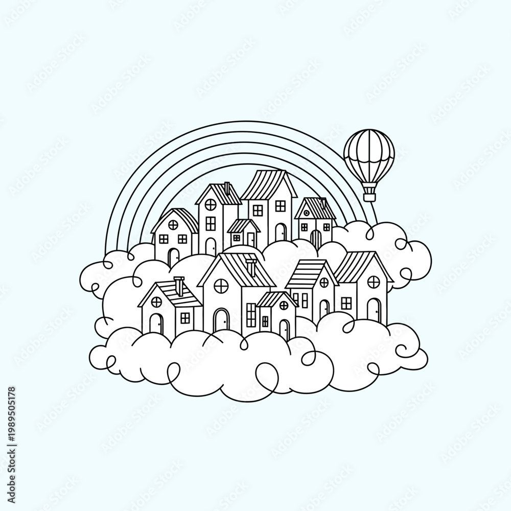 Fototapeta premium Cute City on Clouds with Rainbow Cartoon Landscape Line Art Vector Illustration