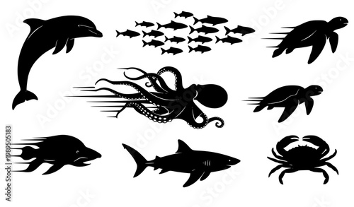 Marine life silhouette icon set ocean animal vector