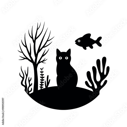 A curious black cat sits observing a fish in a simple silhouette scene