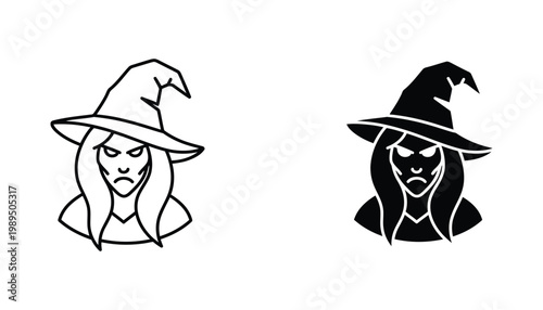 Witch head character icon set featuring pointed hat and mysterious expression in clean outline and solid black silhouette vector format for halloween and fantasy graphic design