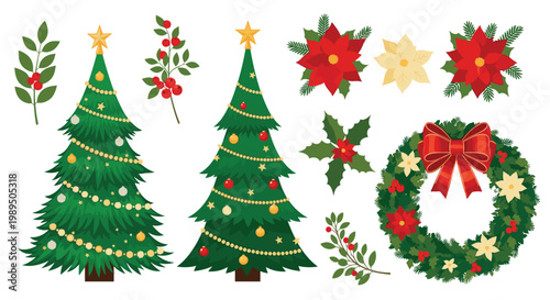 Festive collection of christmas holiday symbols including decorated trees wreaths poinsettia flowers and holly berries.