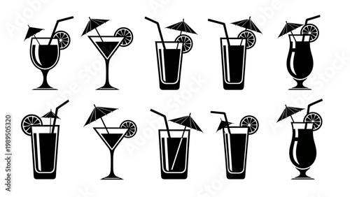 Stylized black and white cocktail drink icons set featuring diverse beverage glasses with straws and garnishes, ideal for menus and graphic design