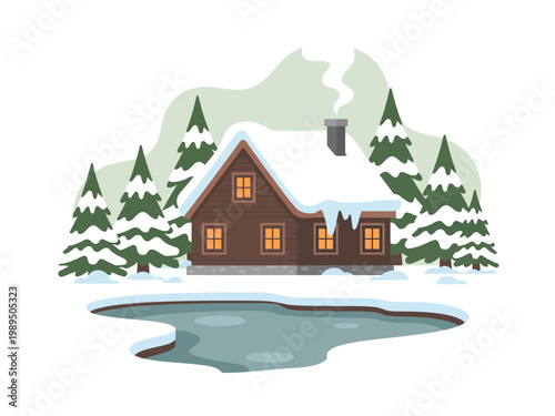 Log cabin sits in a snowy forest clearing next to a frozen pond during the winter season.
