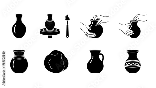 Crafting Clay A Comprehensive Set of Icons Illustrating the Ancient Art of Pottery Making and Ceramic Creation, from Raw Material to Finished Vessel
