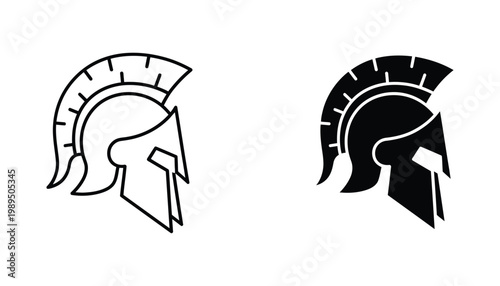 Classic spartan warrior helmet side profile silhouette icon set featuring detailed line art and bold black solid shapes for historical themed branding and game design assets