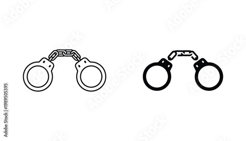 Metal handcuffs open and locked symbol set featuring both detailed outline and solid black icon styles for law enforcement legal and security related visual communication projects