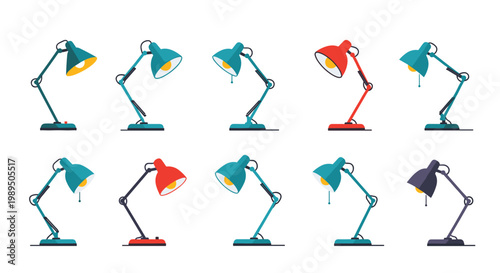 Large collection of adjustable desk lamps in various colors and positions providing different lighting angles for workspace.
