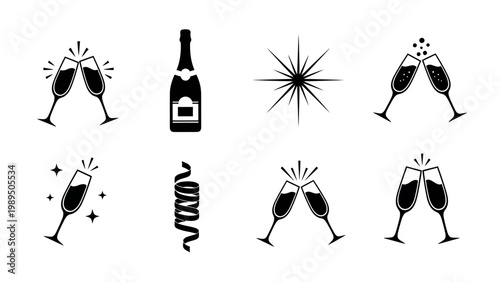 Celebration icons including champagne glasses, confetti, streamers, and sparkling fireworks, perfect for festive events and joyous occasions