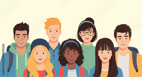 Diverse group of young smiling students from various backgrounds standing together in a friendly community flat illustration.