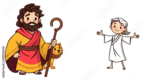 Biblical Story Illustration Featuring a Faithful Shepherd and a Child in White Robe