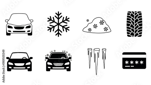 Set of winter car care icons, including a vehicle, snowflake, snowdrift, tire tread, icicles, and credit card for payment services