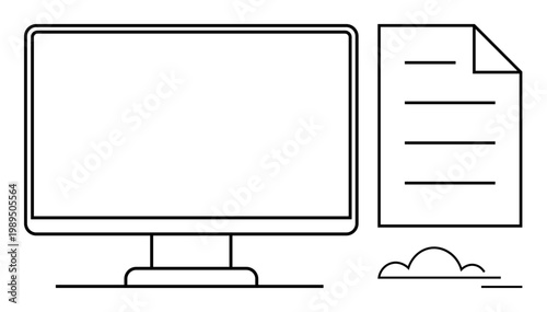 Digital workflow, information sharing, document editing, online tools, paperless solutions, file organization. Monitor and document in clean line design. Digital workflow and information sharing