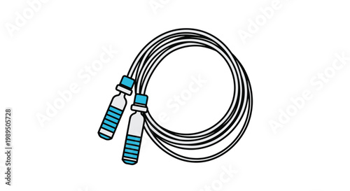 Simple blue and white skipping rope coiled in several loops with handles on the side for fitness and cardiovascular exercises.