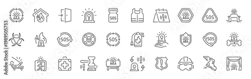 Emergency alert outline icon set: thin line, editable stroke symbols for safety and sos concepts