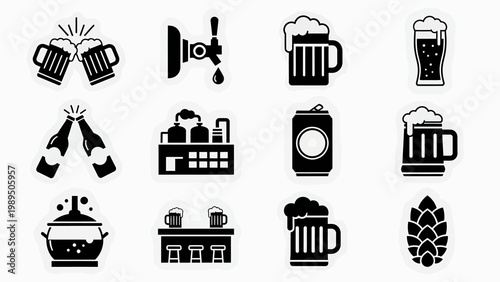 Collection of icons representing beer and beverages, including pubs, breweries, and hop cones, perfect for pub and bar themes