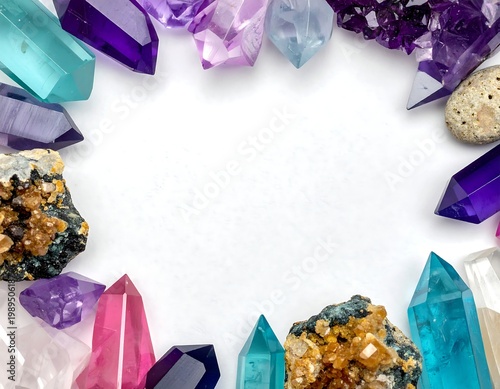 Colorful Healing Crystals And Mineral Geodes Arranged In A Circular Frame On A White Background With Copy Space In The Center