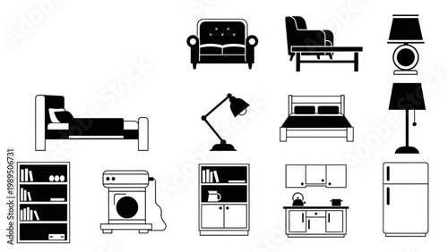 Collection of 2D AutoCAD icons for furniture and appliances in a modern home interior setting