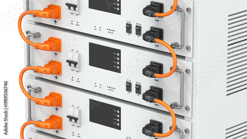 Close-up 3D render of a lithium-ion BESS energy storage system module in a server rack. High-detailed industrial battery unit with orange cables. Smart grid tech