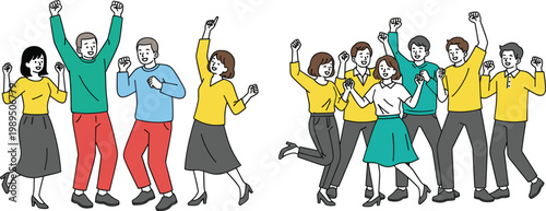 Happy people celebrating success dancing together cheerful group party excitement joy teamwork victory concept flat vector illustration collection