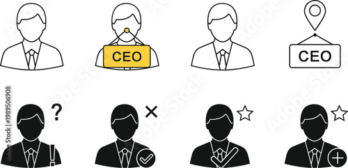 CEO selection and leadership concept with business avatars candidate evaluation hiring process executive identification and management decision vector illustration set