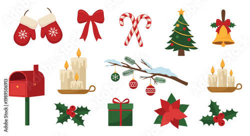 Festive set of Christmas holiday icons featuring a decorated tree, red mittens, candy canes, candles, a bell, holly, and a red mailbox.
