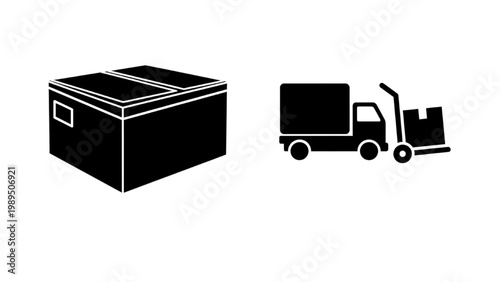 2D AutoCAD icons show a box being transported by a truck