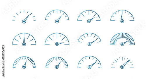 Large collection of blue gauge and speedometer icons showing various measurement levels from low to high with different needle positions.